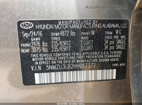 5NMZU3LB2HH017372 2017 HYUNDAI SANTA FE SPORT Gray Вид підкапотного простору