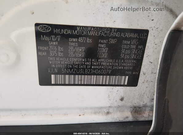 5NMZU3LB2JH060079 2018 HYUNDAI SANTA FE SPORT White Вид підкапотного простору