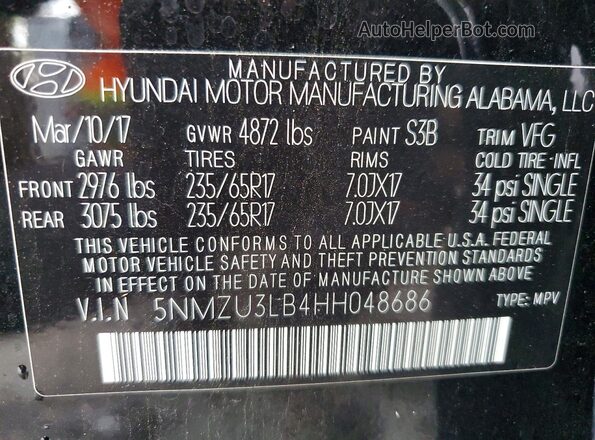5NMZU3LB4HH048686 2017 HYUNDAI SANTA Черный 