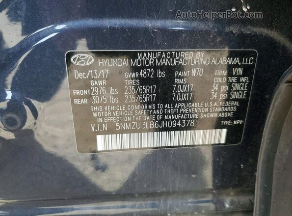 5NMZU3LB6JH094378 2018 HYUNDAI SANTA Угольный Вид наклейки с VIN-кодом
