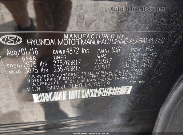 5NMZU3LB8HH005159 2017 HYUNDAI SANTA FE SPORT Black ძრავის განყოფილების ხედი