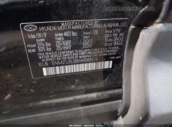5NMZU3LB8HH048576 2017 HYUNDAI SANTA FE SPORT Black Engine compartment view