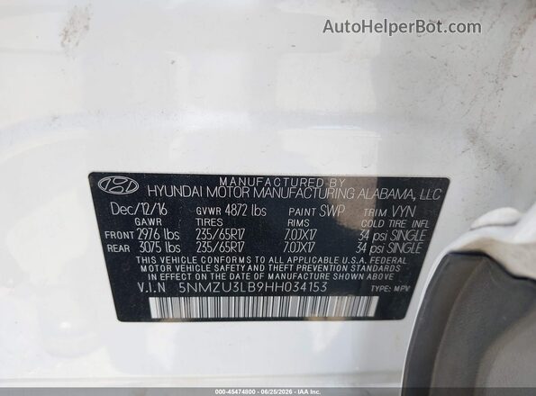 5NMZU3LB9HH034153 2017 HYUNDAI SANTA FE SPORT White Engine compartment view