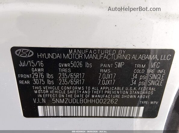 5NMZUDLB0HH002262 2017 HYUNDAI SANTA FE SPORT White Շարժիչի բաժամունքի տեսք