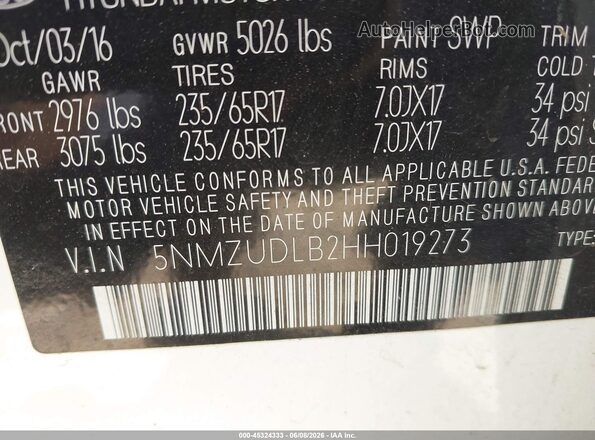 5NMZUDLB2HH019273 2017 HYUNDAI SANTA FE SPORT Белый Вид подкапотного пространства