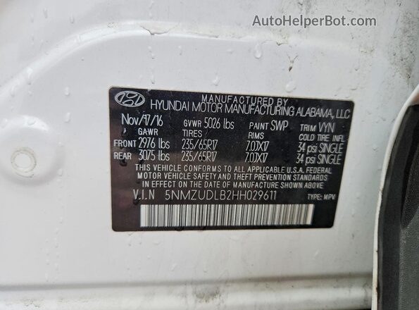 5NMZUDLB2HH029611 2017 HYUNDAI SANTA White Vista de la etiqueta del VIN