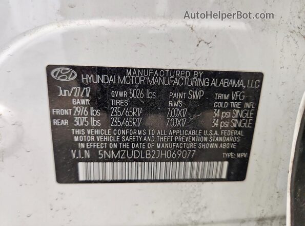 5NMZUDLB2JH069077 2018 HYUNDAI SANTA White 