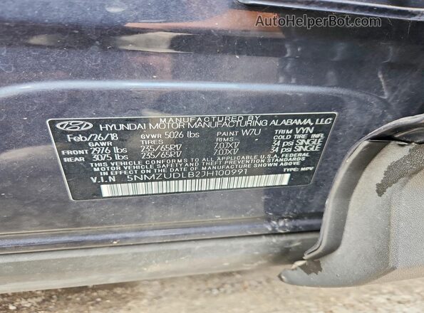 5NMZUDLB2JH100991 2018 HYUNDAI SANTA Blue Vista de la etiqueta del VIN