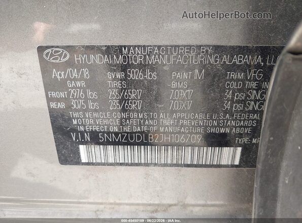 5NMZUDLB2JH106709 2018 HYUNDAI SANTA FE SPORT Gray Շարժիչի բաժամունքի տեսք
