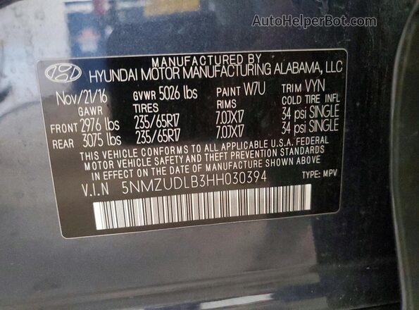 5NMZUDLB3HH030394 2017 HYUNDAI SANTA Black 360 interior view