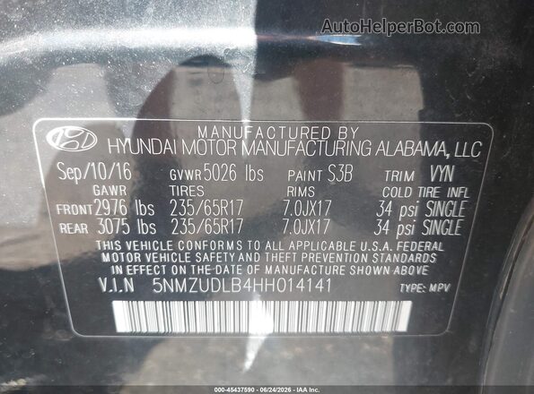 5NMZUDLB4HH014141 2017 HYUNDAI SANTA FE SPORT Черный Вид подкапотного пространства