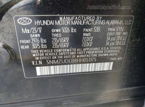 5NMZUDLB8HH051175 2017 HYUNDAI SANTA Black VIN կոդի պիտակի տեսք