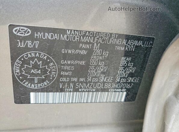 5NMZUDLB8JH070167 2018 HYUNDAI SANTA Серый Вид наклейки с VIN-кодом