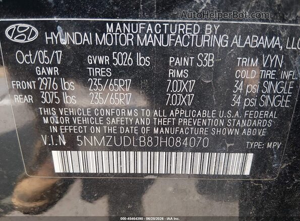 5NMZUDLB8JH084070 2018 HYUNDAI SANTA FE SPORT Black Vista del compartimento del motor