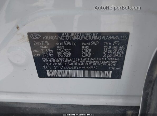 5NMZUDLB9HH034952 2017 HYUNDAI SANTA FE SPORT White ძრავის განყოფილების ხედი