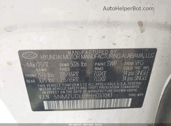 5NMZUDLB9HH051041 2017 HYUNDAI SANTA FE SPORT White Շարժիչի բաժամունքի տեսք