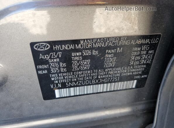 5NMZUDLBXJH077251 2018 HYUNDAI SANTA Gray 