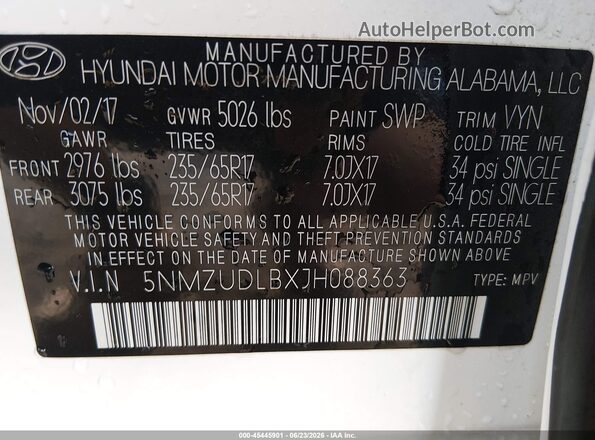 5NMZUDLBXJH088363 2018 HYUNDAI SANTA FE SPORT White Vista del compartimento del motor