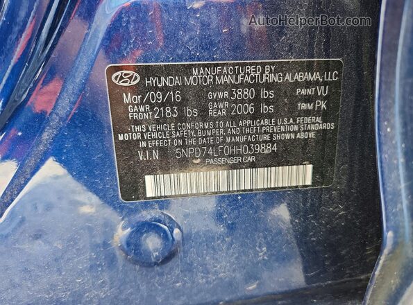 5NPD74LF0HH039884 2017 HYUNDAI ELANTRA Blue Вид наклейки з VIN-кодом