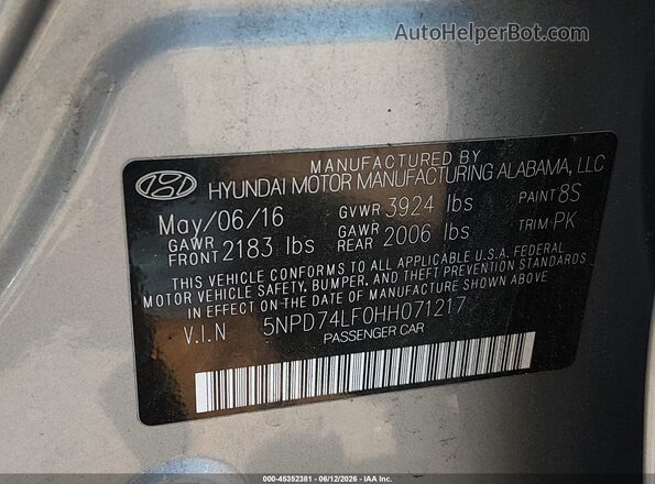 5NPD74LF0HH071217 2017 HYUNDAI ELANTRA Silver Engine compartment view