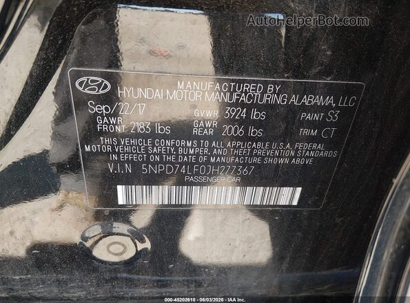 5NPD74LF0JH277367 2018 HYUNDAI ELANTRA Black Vista del compartimento del motor