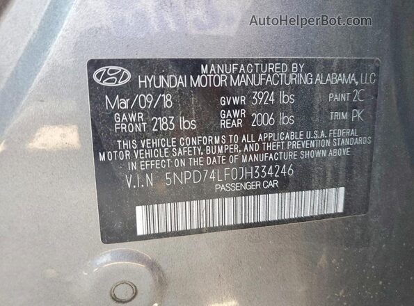5NPD74LF0JH334246 2018 HYUNDAI ELANTRA Gray Vista del compartimento del motor