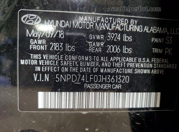 5NPD74LF0JH361320 2018 HYUNDAI ELANTRA Black ძრავის განყოფილების ხედი