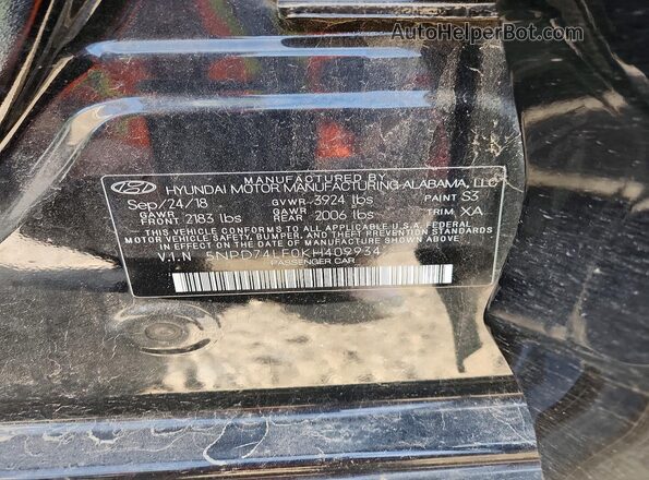 5NPD74LF0KH409934 2019 HYUNDAI ELANTRA Black Вид підкапотного простору