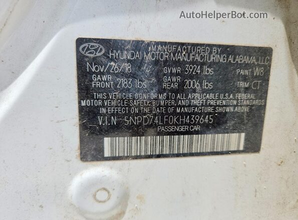 5NPD74LF0KH439645 2019 HYUNDAI ELANTRA White Вид підкапотного простору