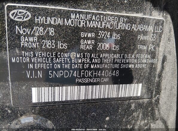 5NPD74LF0KH440648 2019 HYUNDAI ELANTRA Black Вид підкапотного простору