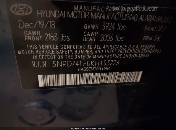 5NPD74LF0KH453223 2019 HYUNDAI ELANTRA Blue Engine compartment view