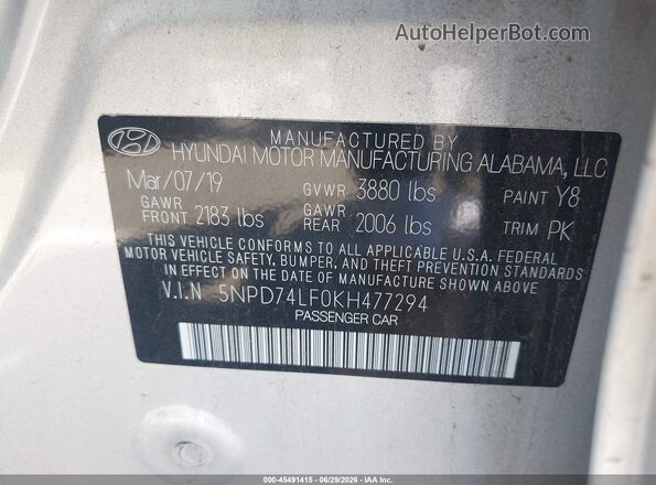5NPD74LF0KH477294 2019 HYUNDAI ELANTRA Silver Вид підкапотного простору