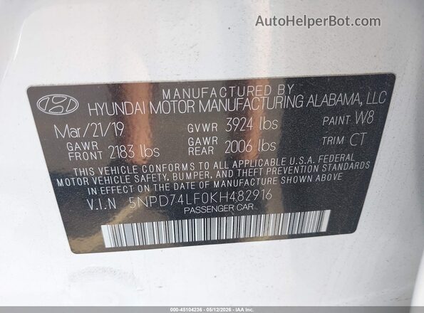 5NPD74LF0KH482916 2019 HYUNDAI ELANTRA White Вид підкапотного простору