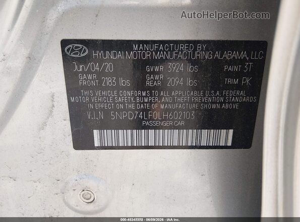 5NPD74LF0LH602103 2020 HYUNDAI ELANTRA Silver Вид підкапотного простору