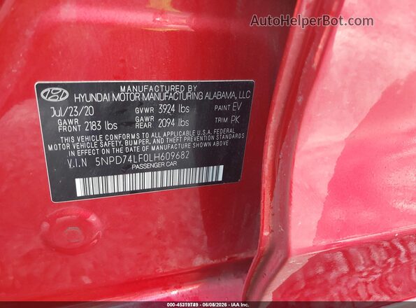 5NPD74LF0LH609682 2020 HYUNDAI ELANTRA Red Вид підкапотного простору