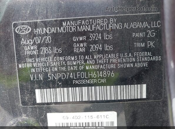 5NPD74LF0LH614896 2020 HYUNDAI ELANTRA Gray 