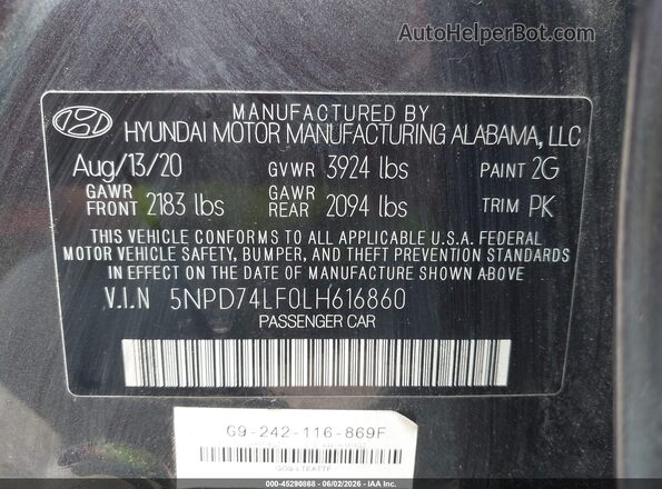 5NPD74LF0LH616860 2020 HYUNDAI ELANTRA Gray 