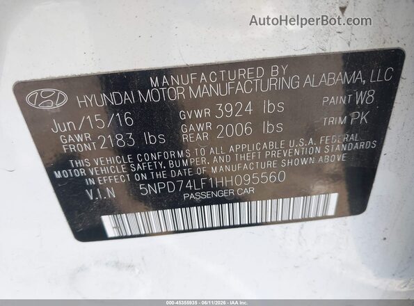 5NPD74LF1HH095560 2017 HYUNDAI ELANTRA Белый Вид подкапотного пространства