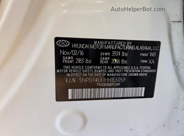 5NPD74LF1HH155059 2017 HYUNDAI ELANTRA White 
