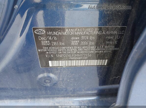 5NPD74LF1HH172556 2017 HYUNDAI ELANTRA Синий Вид подкапотного пространства