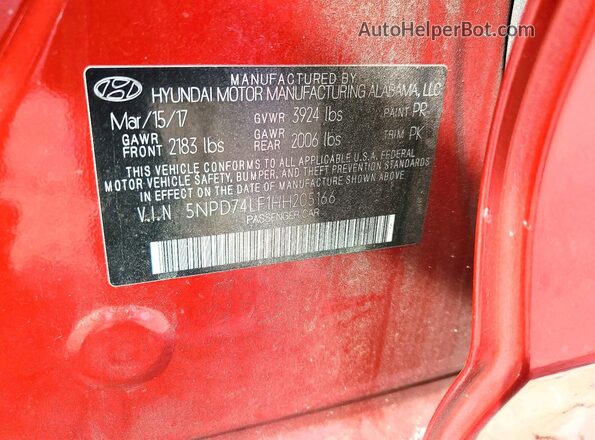 5NPD74LF1HH205166 2017 HYUNDAI ELANTRA Red 