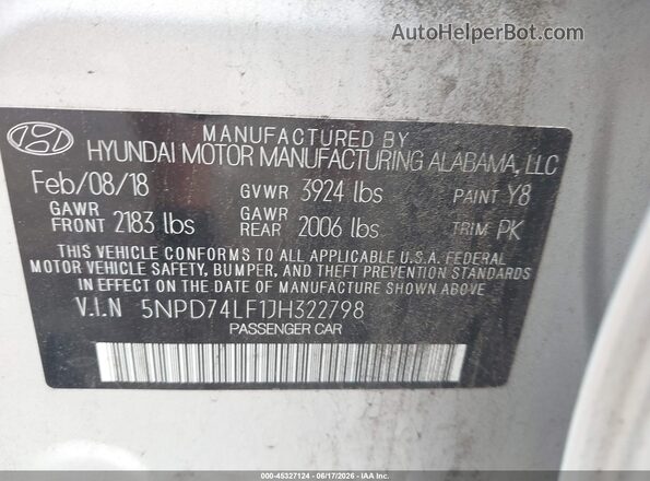 5NPD74LF1JH322798 2018 HYUNDAI ELANTRA Серебряный Вид подкапотного пространства