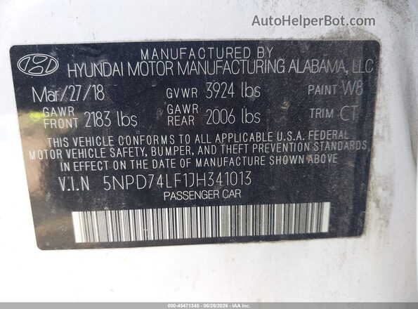 5NPD74LF1JH341013 2018 HYUNDAI ELANTRA White ძრავის განყოფილების ხედი