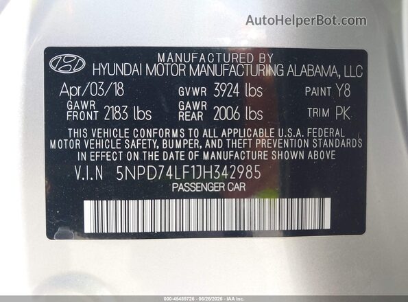 5NPD74LF1JH342985 2018 HYUNDAI ELANTRA Silver Engine compartment view