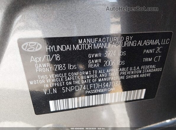 5NPD74LF1JH347037 2018 HYUNDAI ELANTRA Gray Вид підкапотного простору