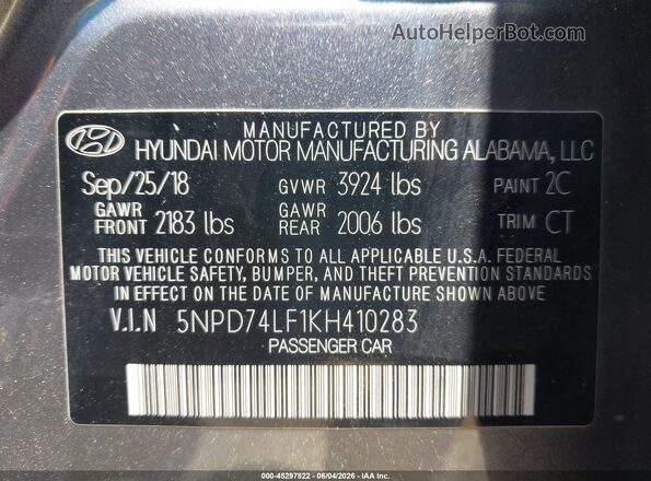 5NPD74LF1KH410283 2019 HYUNDAI ELANTRA Серый 