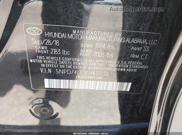 5NPD74LF1KH412230 2019 HYUNDAI ELANTRA Black Engine compartment view