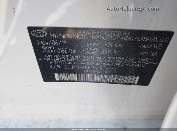 5NPD74LF1KH429772 2019 HYUNDAI ELANTRA White 