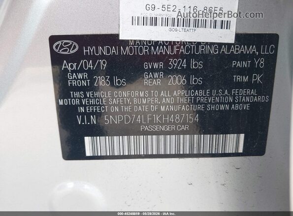 5NPD74LF1KH487154 2019 HYUNDAI ELANTRA Серебряный Вид подкапотного пространства