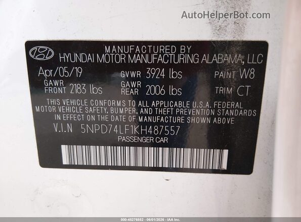 5NPD74LF1KH487557 2019 HYUNDAI ELANTRA White Widok komory silnika